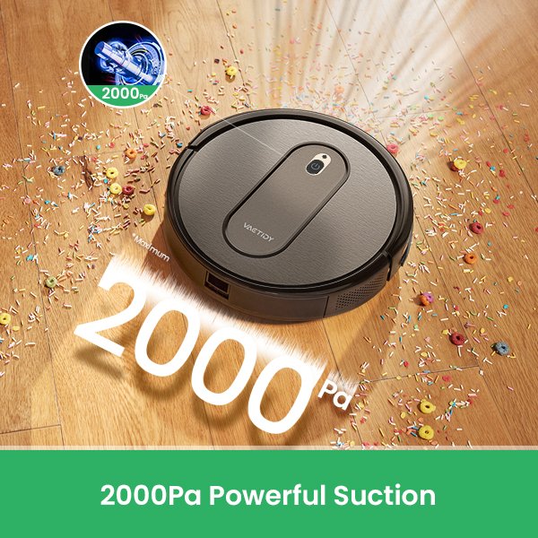 Robot vacuum cleaner with 2000Pa suction power on floor.
