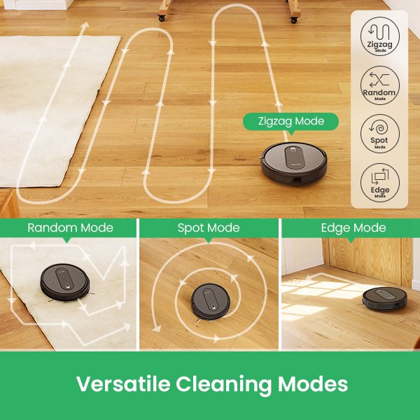 Robotic vacuum displaying different cleaning patterns on floor.