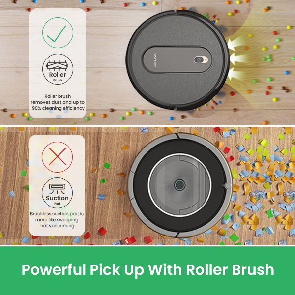 Robot vacuum cleaner with roller brush and efficiency comparison.